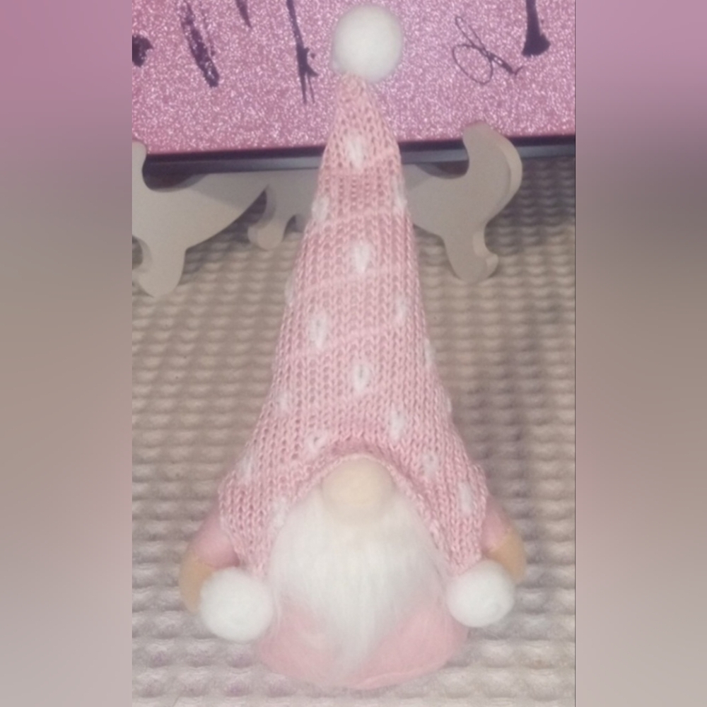 Love Gnome, pink knit hat with hearts 8" tall